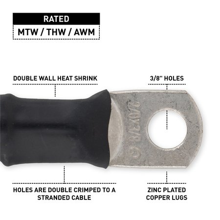 Exell Battery AWG #2/0 Black Battery Interconnect Cable 6" with 3/8" Lugs BIC-20AWGBLK6